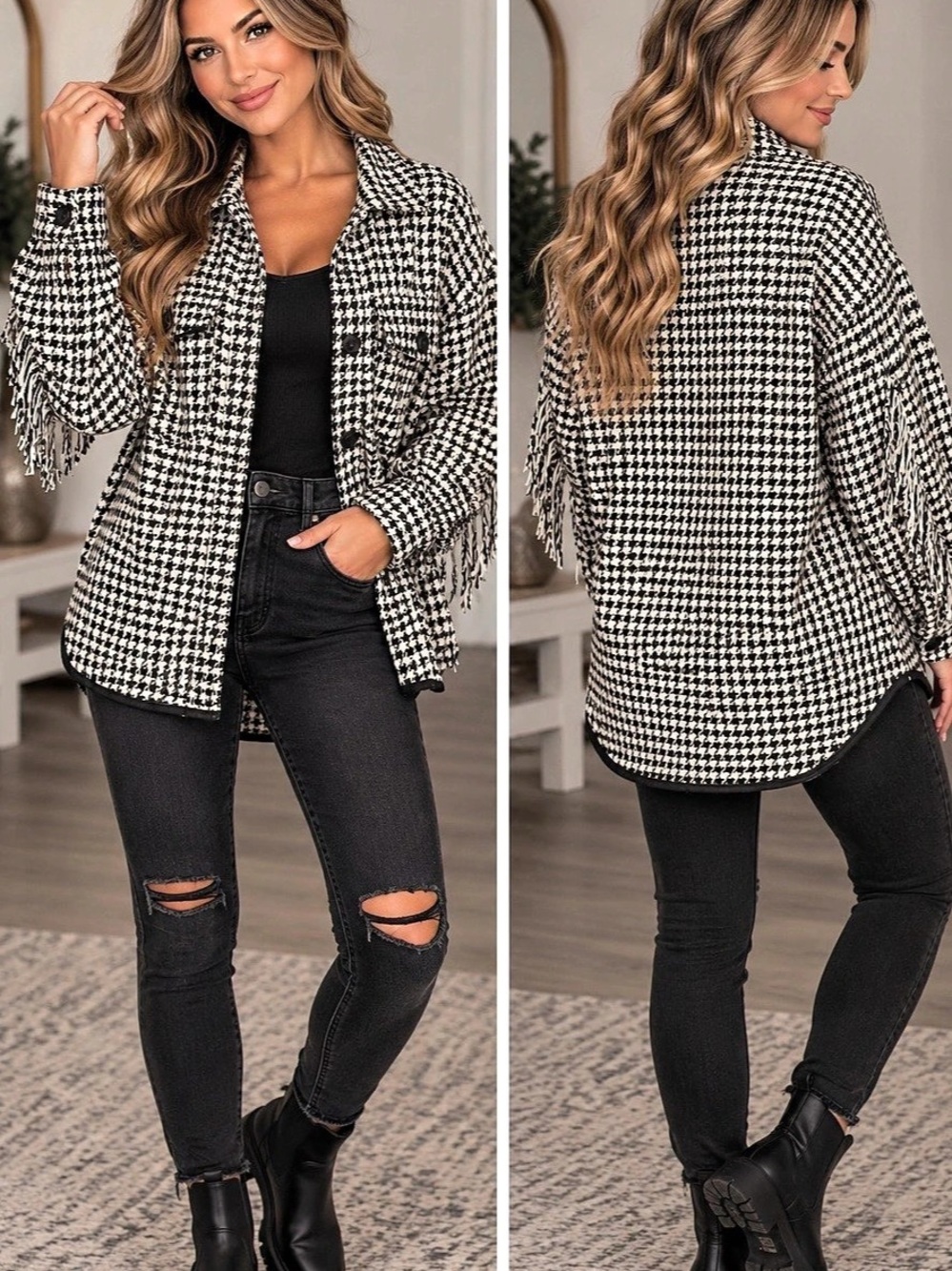 So Black and White Houndstooth Button-Up Fringe Jacket Medium